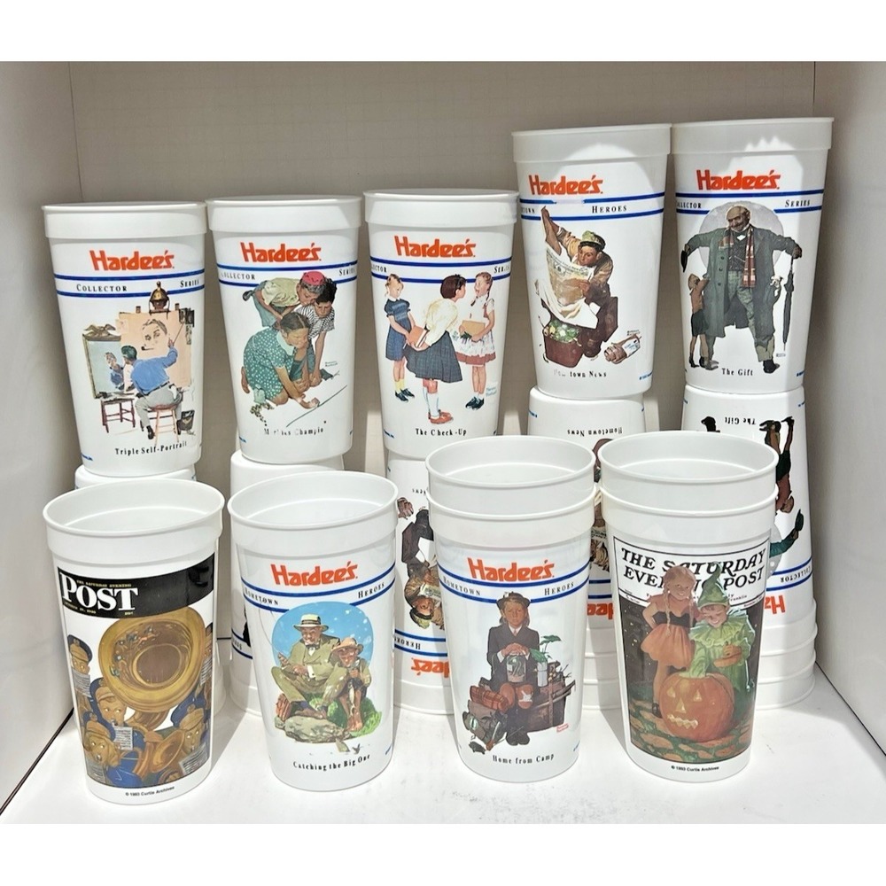 Vintage Hardee's Hometown Heroes Cups Norman Rockwell Plastic Tumblers Lot 24